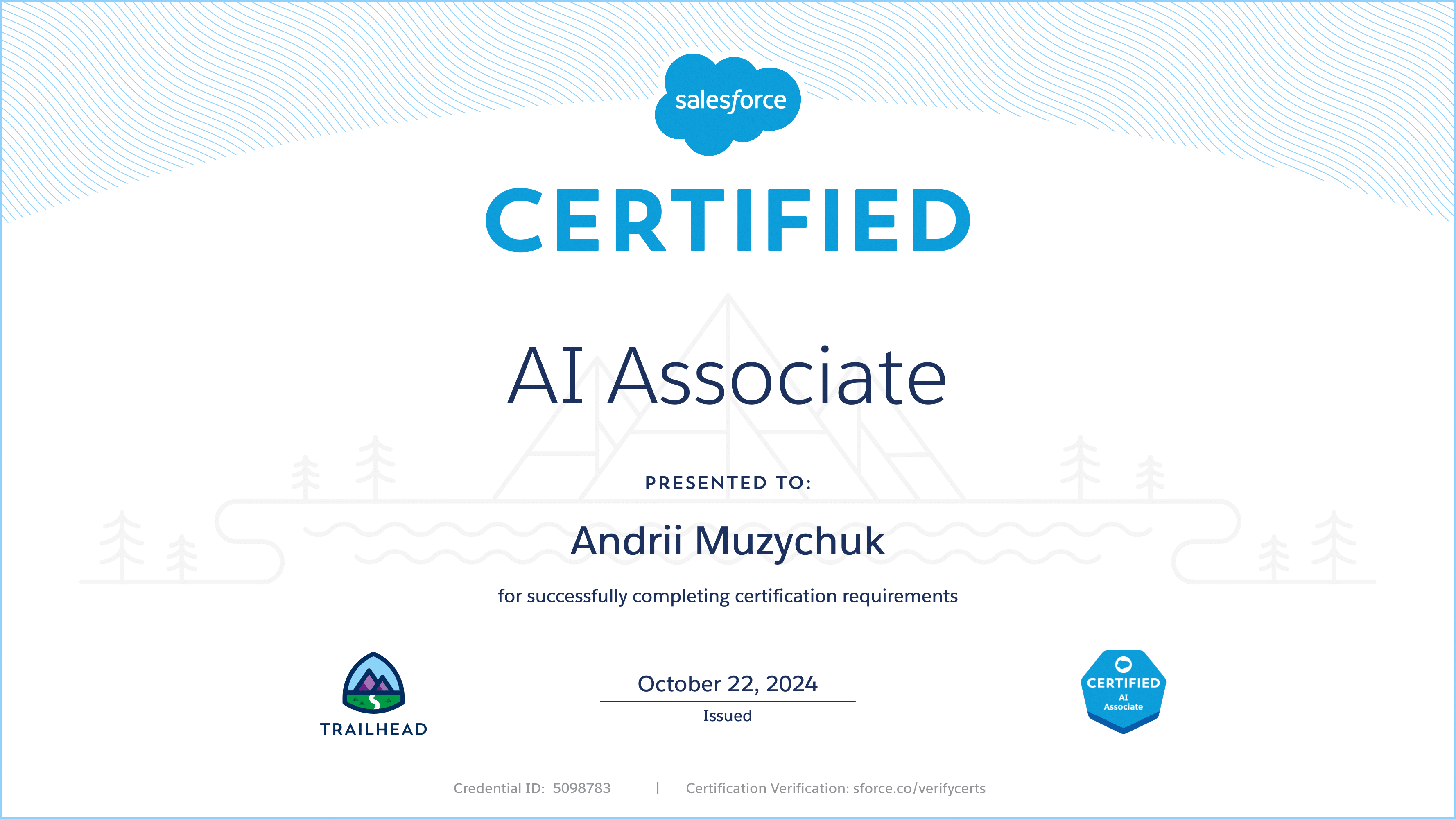 Salesforce Certified AI Associate certificate achieved by Andrii Muzychuk on October 22, 2014